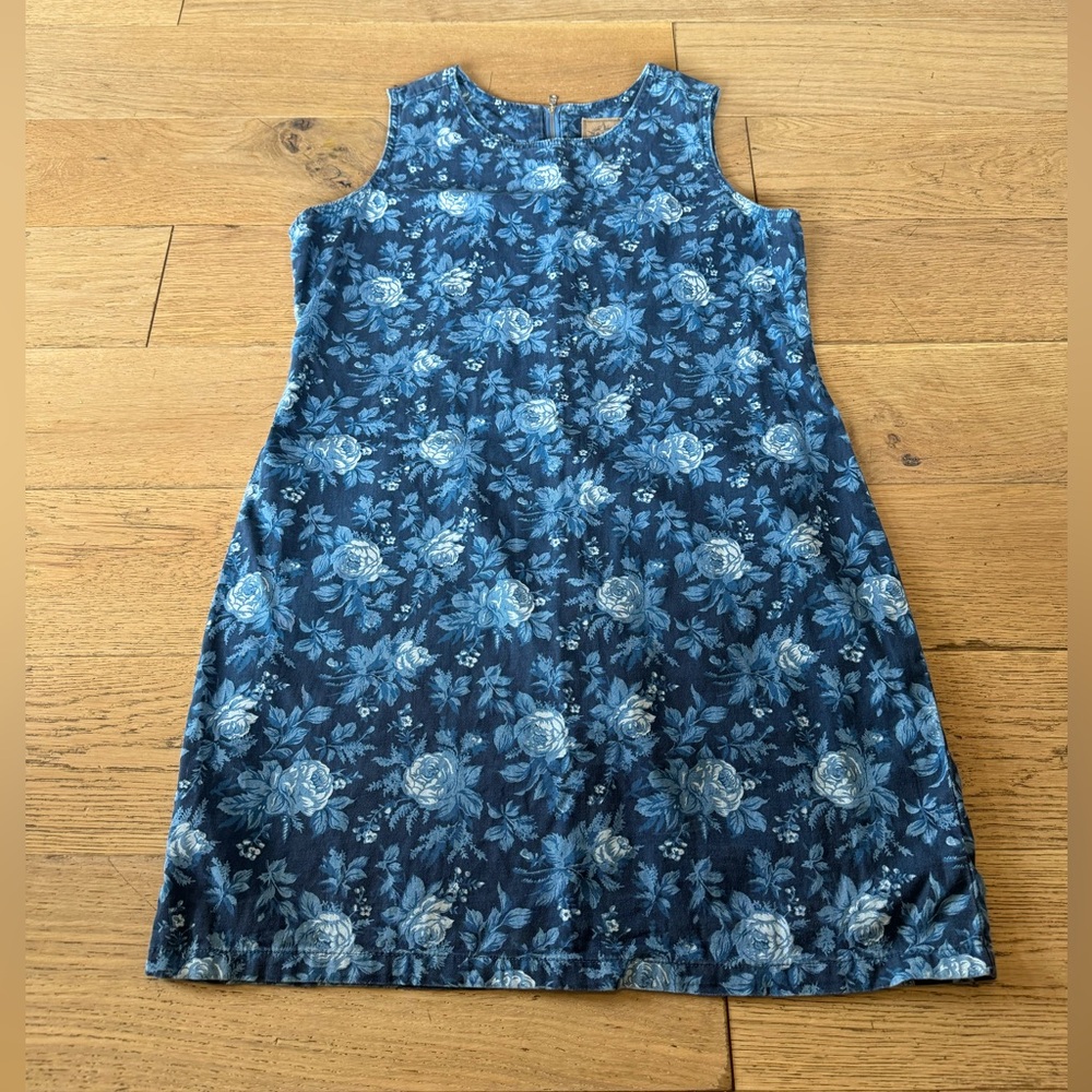 Vintage AMI Blue Floral Rose Cotton Sleeveless Shift‎ Dress Size: XL Denim (777)